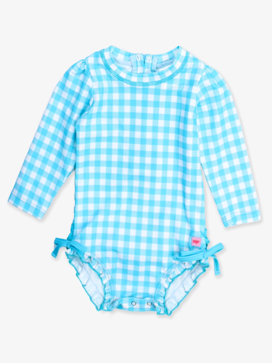 Bright Aqua Gingham Long Sleeve One Piece Rash Guard