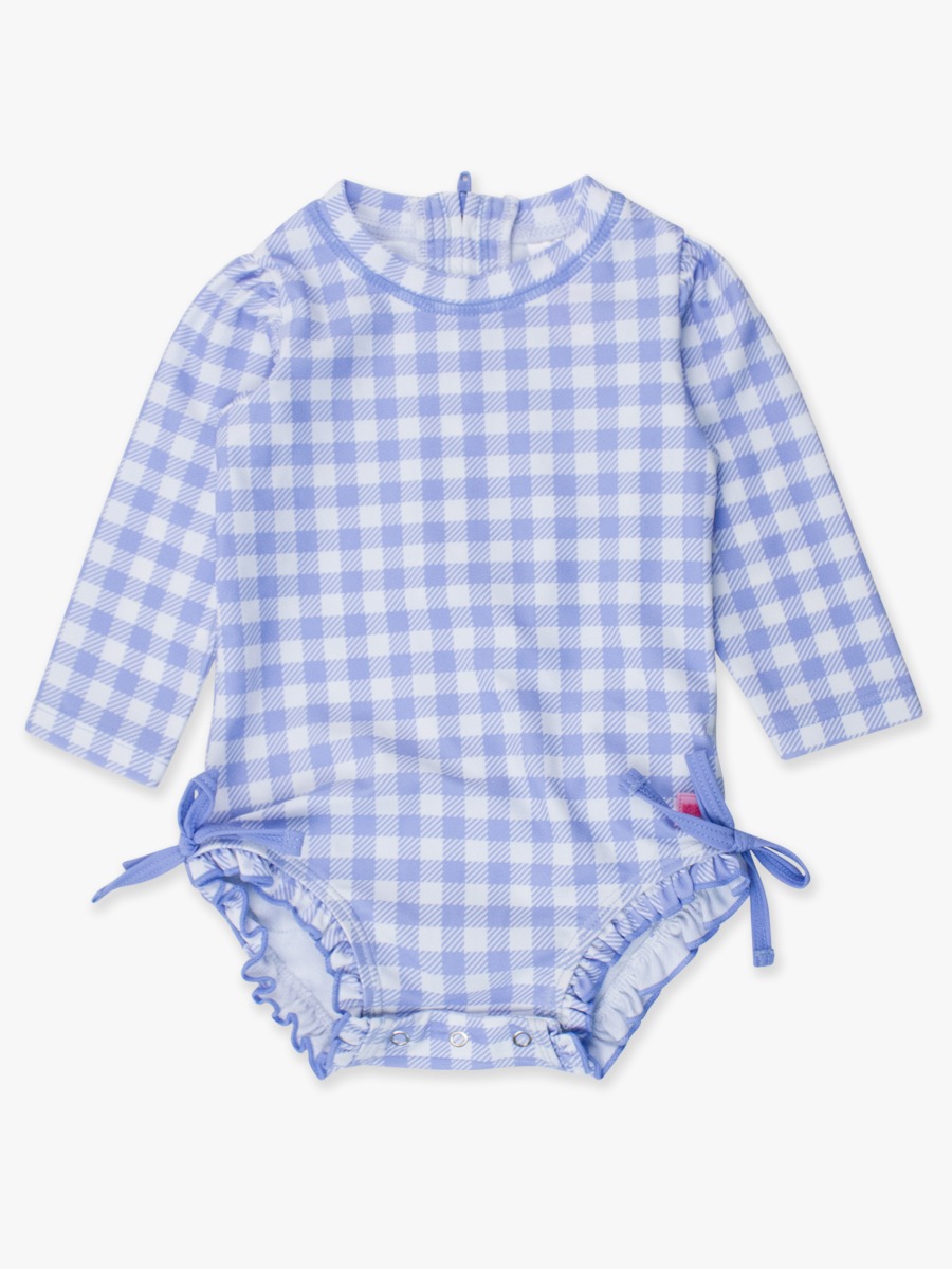 Periwinkle Blue Gingham Long Sleeve One Piece Rash Guard