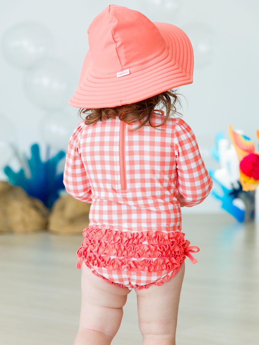 Coral Gingham Long Sleeve One Piece Rash Guard