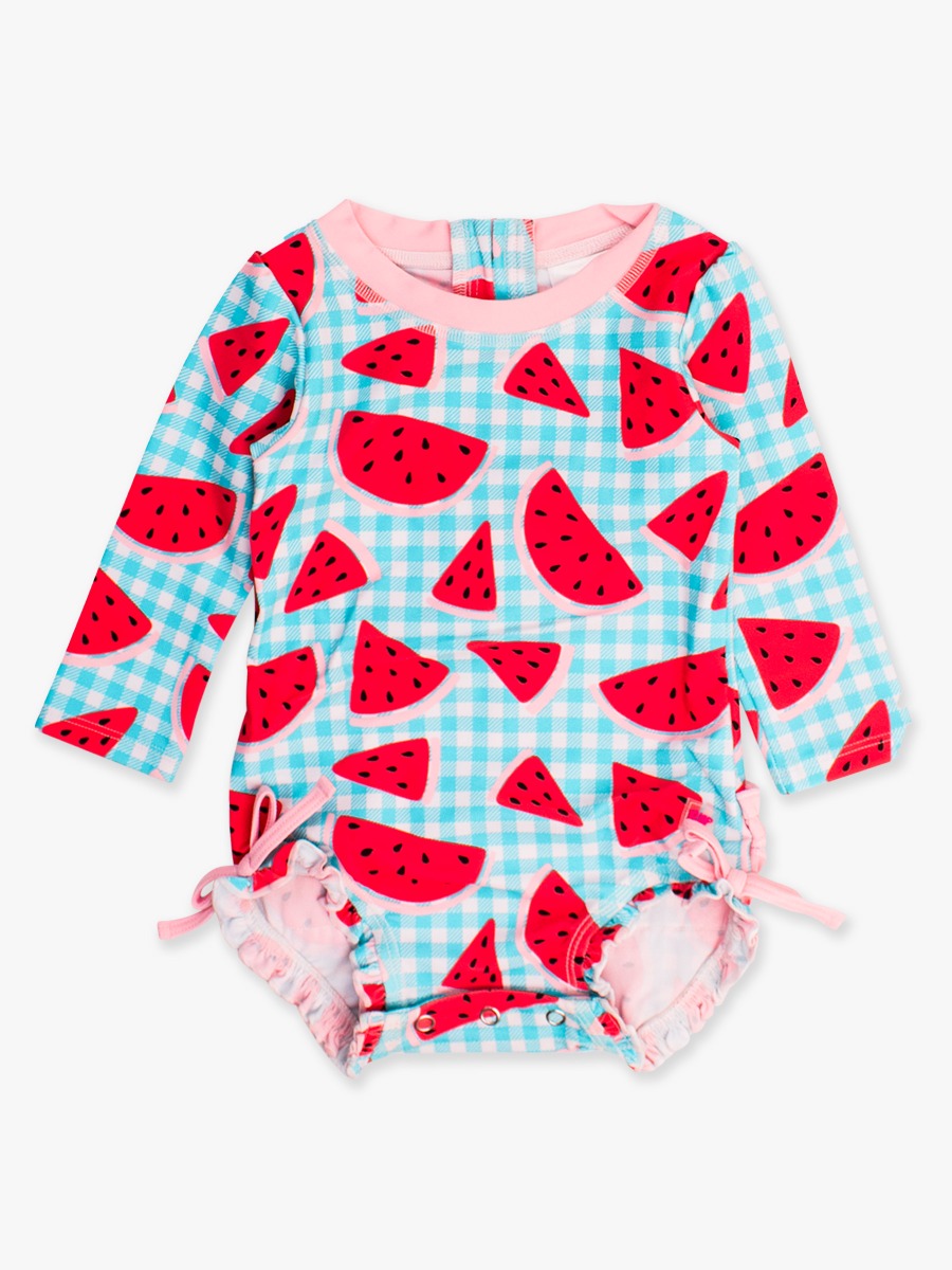 Watermelon Gingham Long Sleeve One Piece Rash Guard Swimsuit