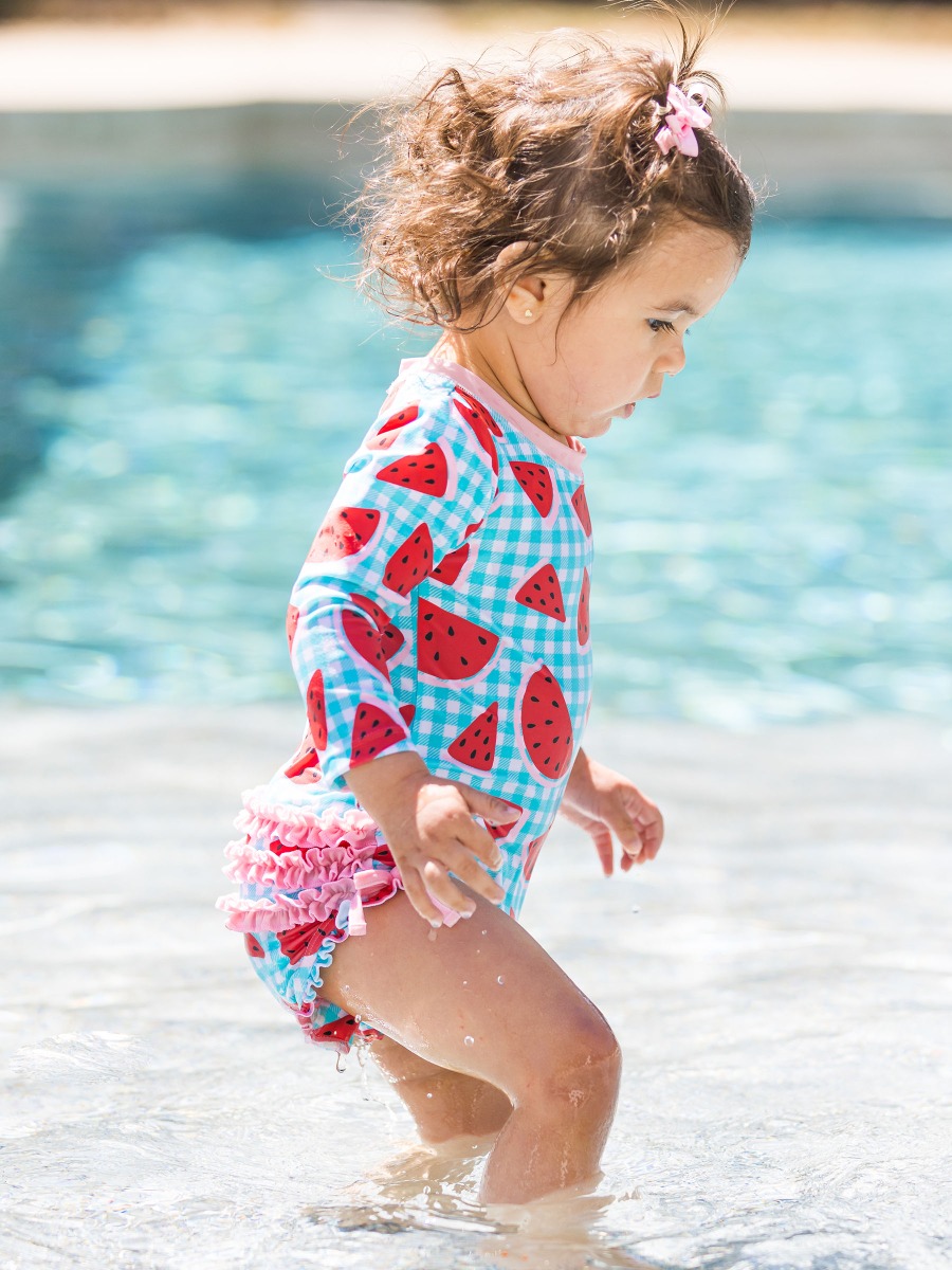 Watermelon Gingham Long Sleeve One Piece Rash Guard Swimsuit