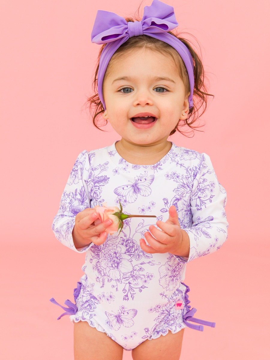 Wisteria Purple Butterfly Garden Toile Long Sleeve One Piece Rash Guard