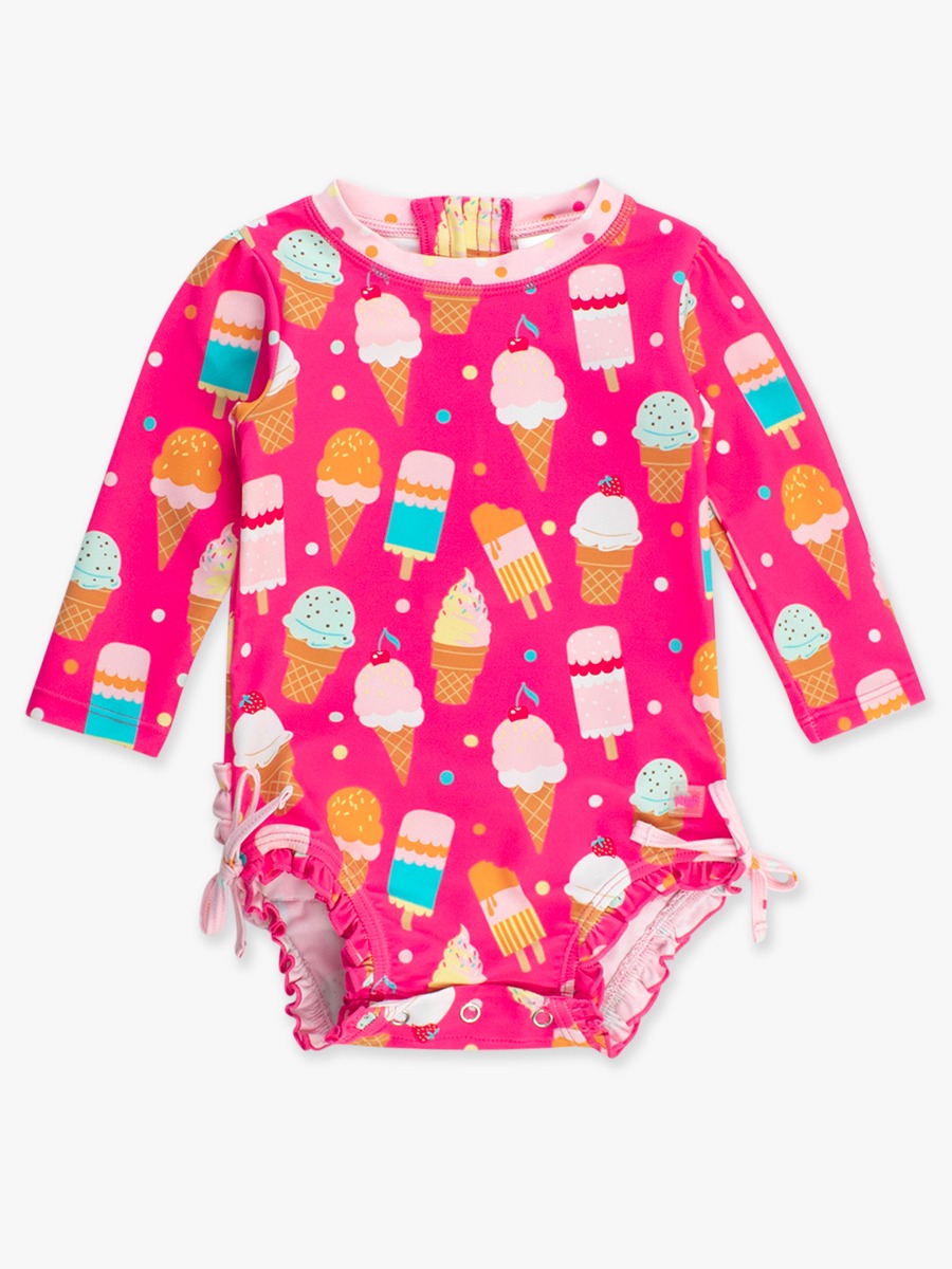 Sweet Scoops Long Sleeve One Piece Rash Guard Swimsuit, with Signature Rear Ruffles