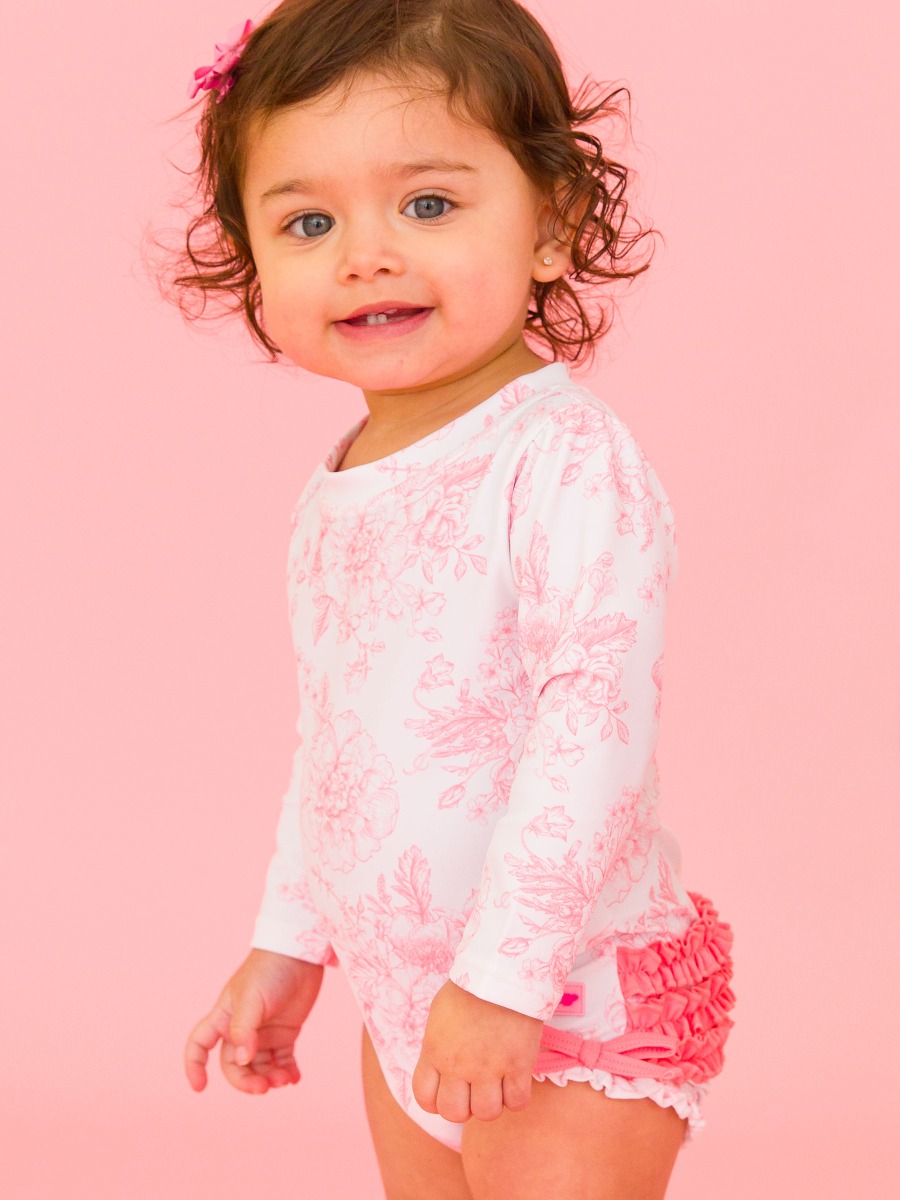 Bubblegum Pink Butterfly Garden Toile Long Sleeve One Piece Rash Guard