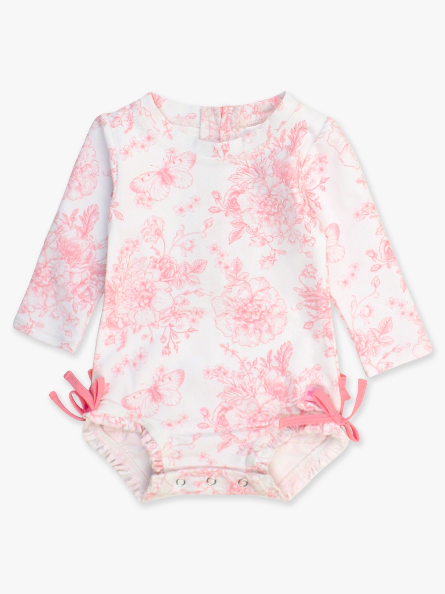 Bubblegum Pink Butterfly Garden Toile Long Sleeve One Piece Rash Guard