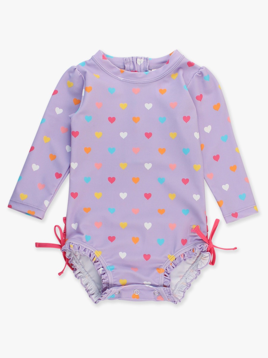 Lavender Colorful Hearts Long Sleeve One Piece Rash Guard Swimsuit, with Signature Rear Ruffles -  3-6m