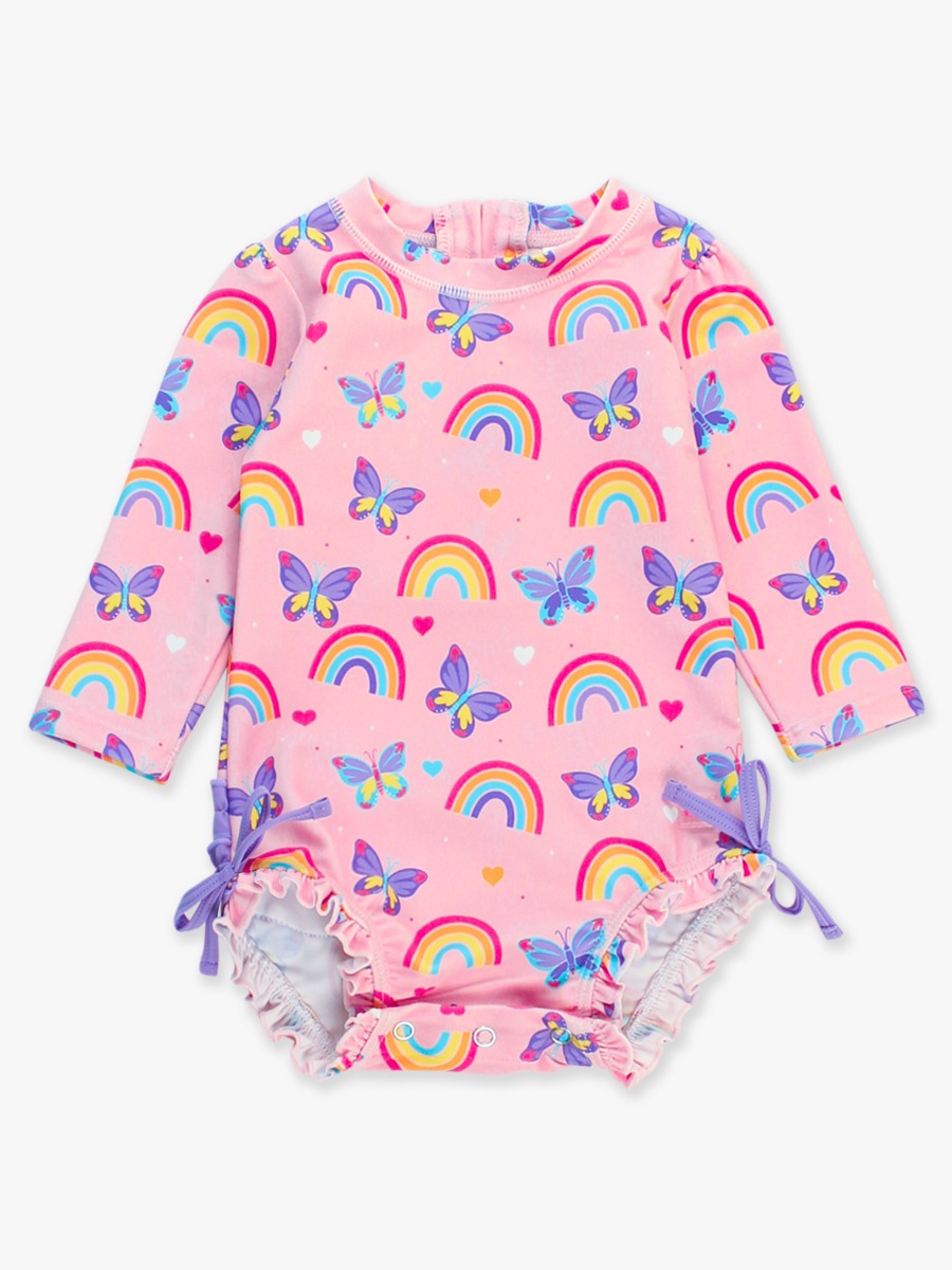 Rainbows & Butterflies Long Sleeve One Piece Rash Guard Swimsuit, with Signature Rear Ruffles -  3-6m