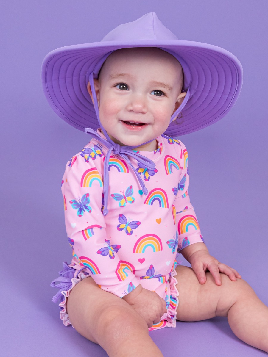Rainbows & Butterflies Long Sleeve One Piece Rash Guard Swimsuit, with Signature Rear Ruffles