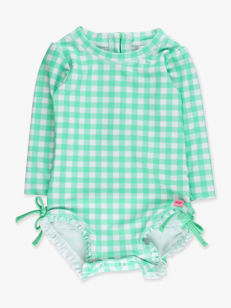 Line drawing of Spring Green Gingham Long Sleeve One Piece Rash Guard Swimsuit, with Signature Rear Ruffles. A dotted circle indicates the approximate location for personalization.