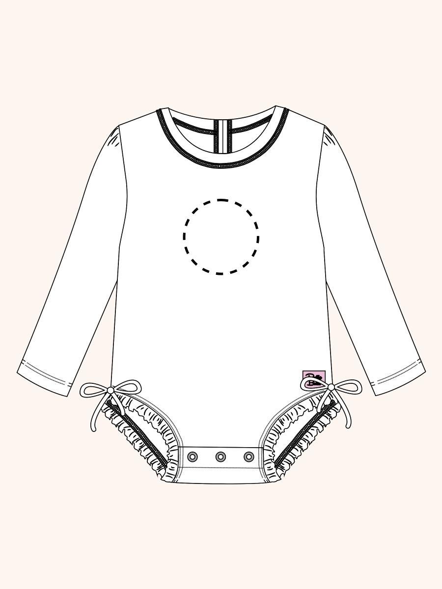 Line drawing of Pink Coastal Cane Long Sleeve One Piece Rash Guard Swimsuit, with Signature Rear Ruffles. A dotted circle indicates the approximate location for personalization.