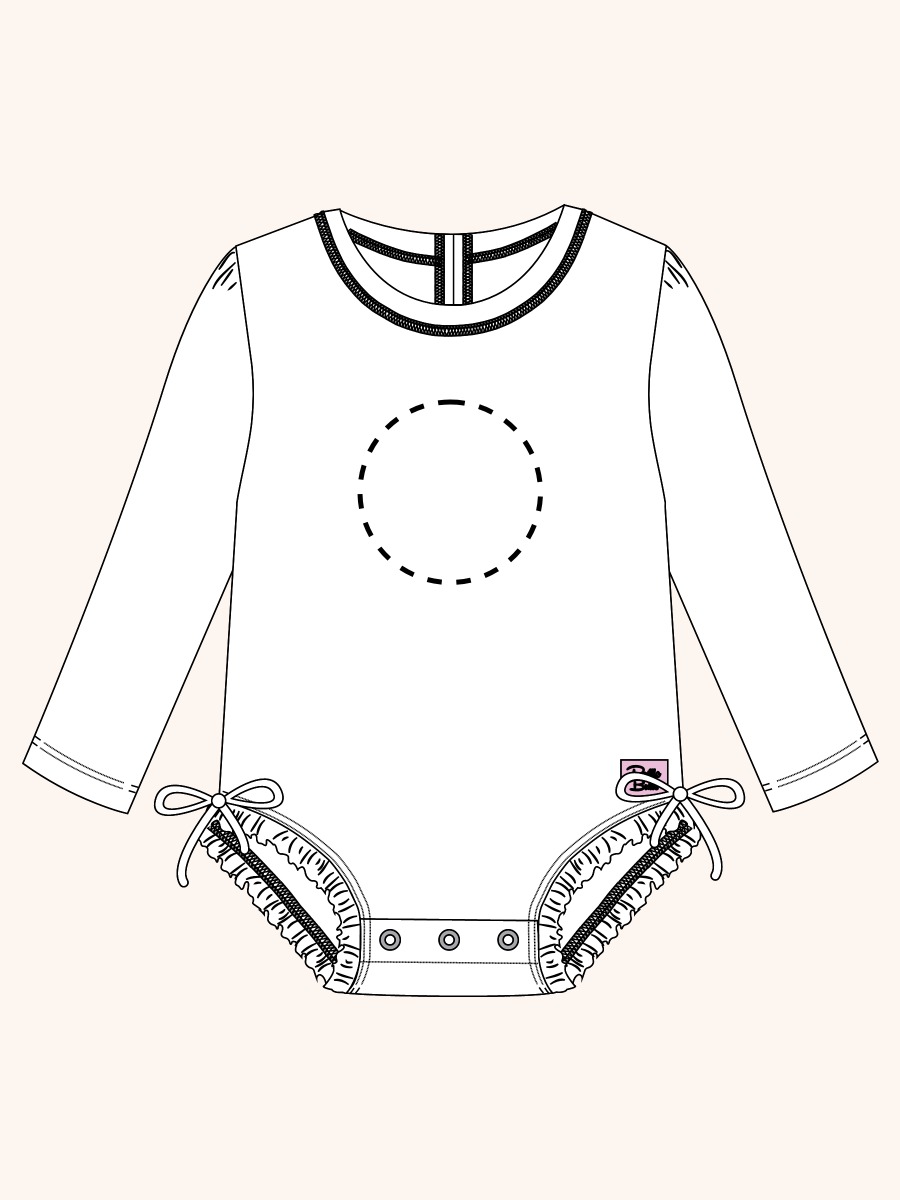 Line drawing of Blue Floral Peppa Pig Long Sleeve One Piece Rash Guard Swimsuit, with Signature Rear Ruffles. A dotted circle indicates the approximate location for personalization.