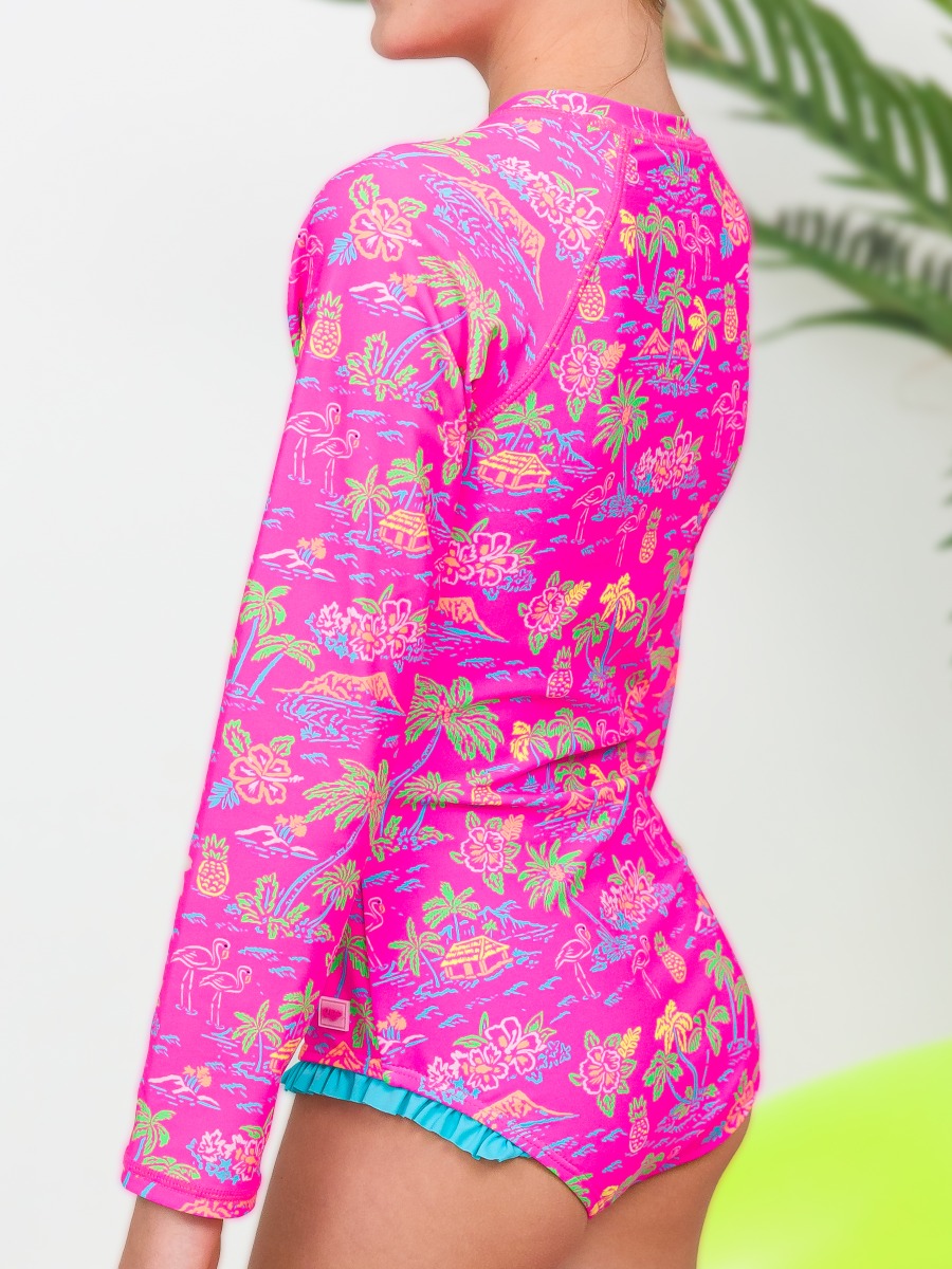 Neon Island Time Girls' Long Sleeve Rash Guard One Piece