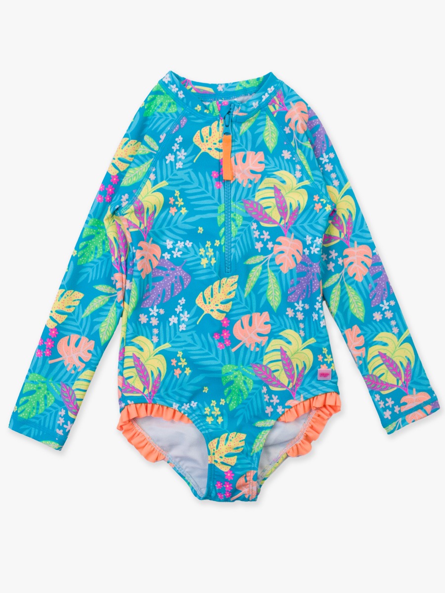 Neon Tiki Vibes Girls' Long Sleeve Rash Guard One Piece