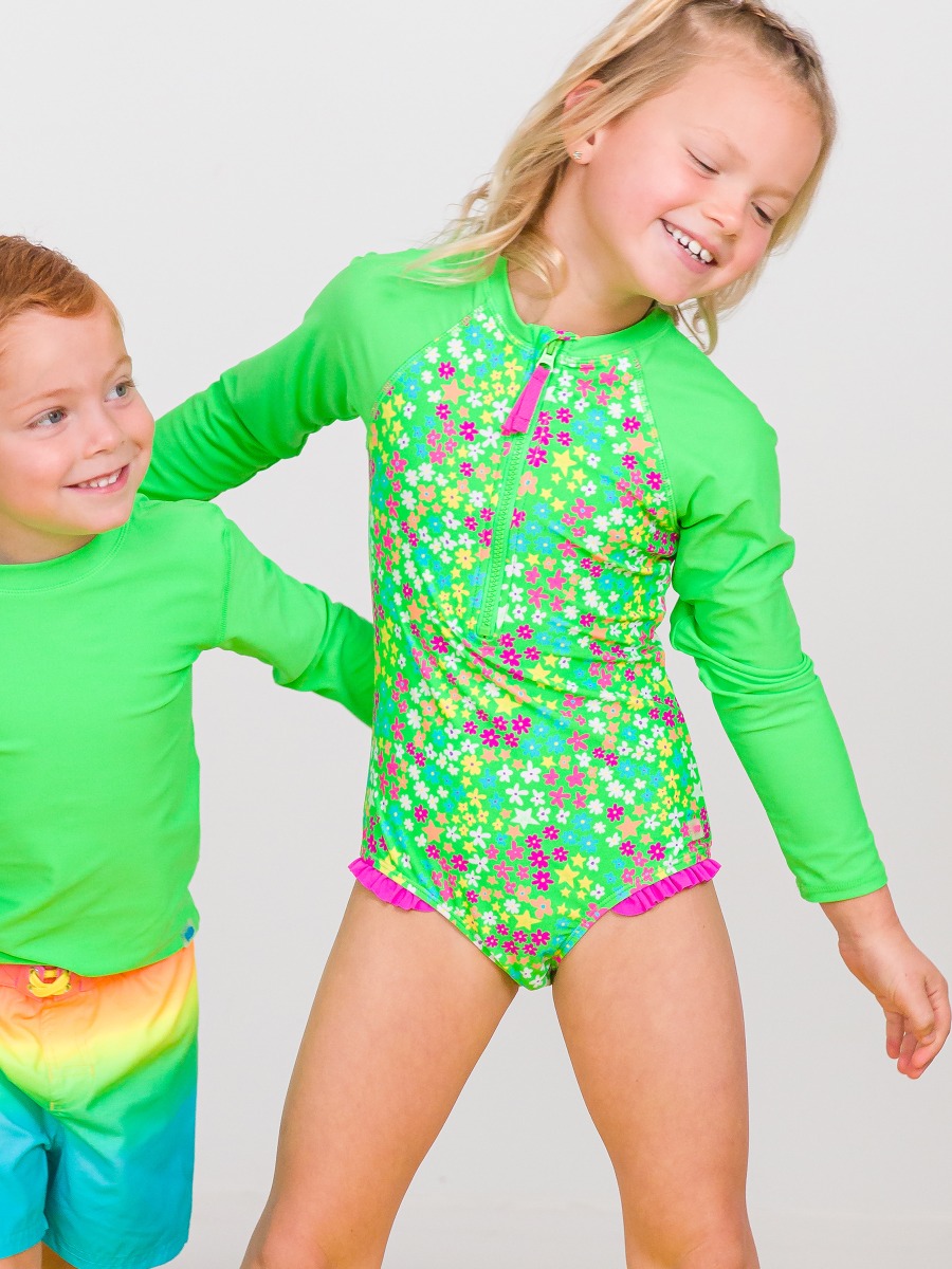 Neon Floral Girls' Long Sleeve Rash Guard One Piece
