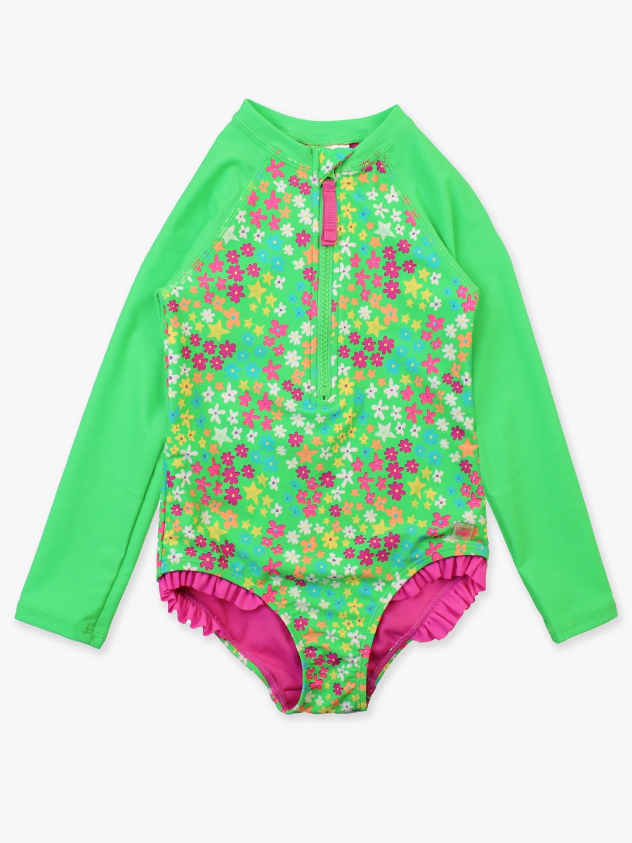 Neon Floral Girls' Long Sleeve Rash Guard One Piece