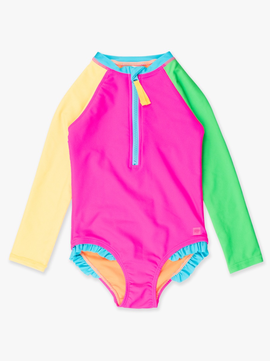 Neon Color Block Girls' Long Sleeve Rash Guard One Piece - 2T