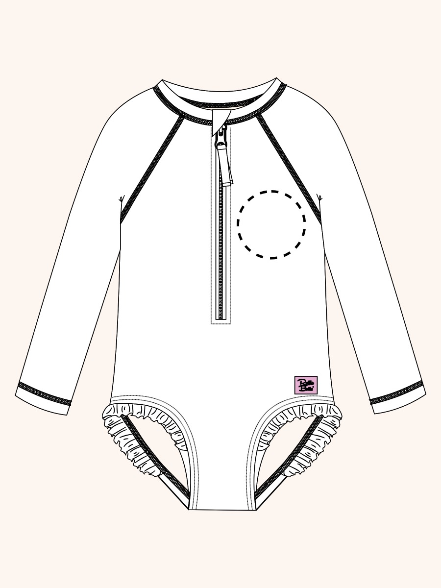 Line drawing of Pink Coastal Cane Long Sleeve Zipper One Piece Rash Guard Swimsuit. A dotted circle indicates the approximate location for personalization.
