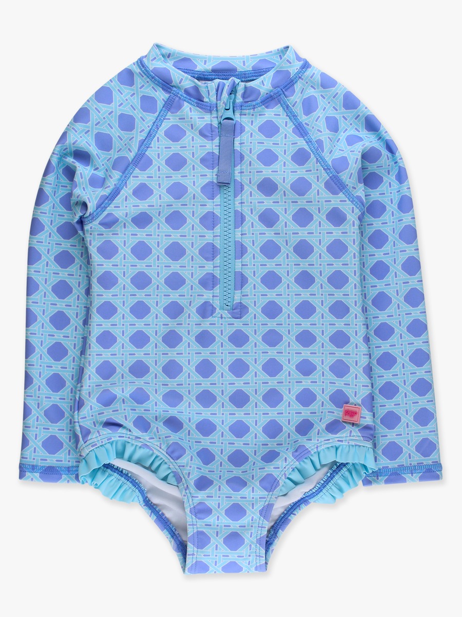 Line drawing of Periwinkle Blue Coastal Cane Long Sleeve Zipper One Piece Rash Guard Swimsuit. A dotted circle indicates the approximate location for personalization.