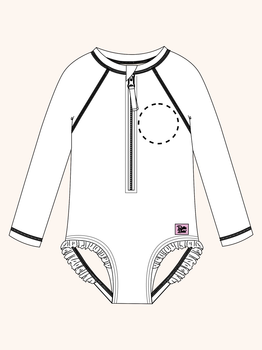 Line drawing of Atlantis Mermaids Long Sleeve Zipper One Piece Rash Guard Swimsuit. A dotted circle indicates the approximate location for personalization.
