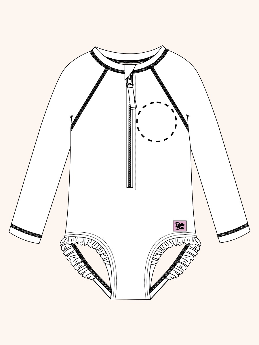 Line drawing of Sage Blossom Camo Long Sleeve Zipper One Piece Rash Guard Swimsuit. A dotted circle indicates the approximate location for personalization.