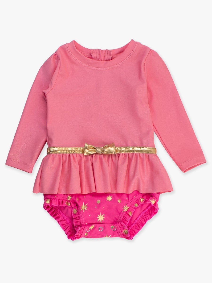 Royal Pink Princess Long Sleeve Bow Skirted One Piece Swimsuit