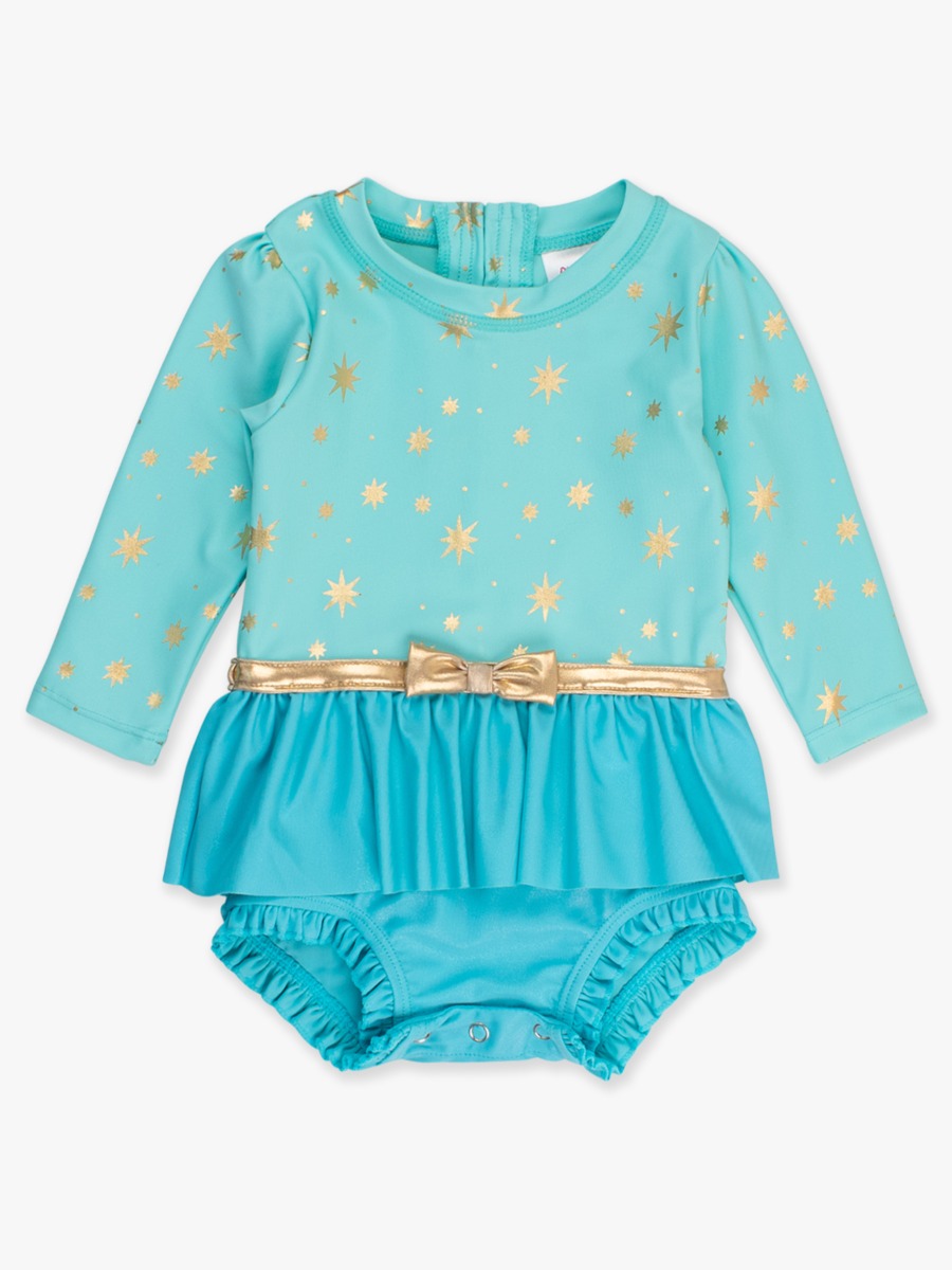 Teal Golden Princess Long Sleeve Bow Skirted One Piece Swimsuit