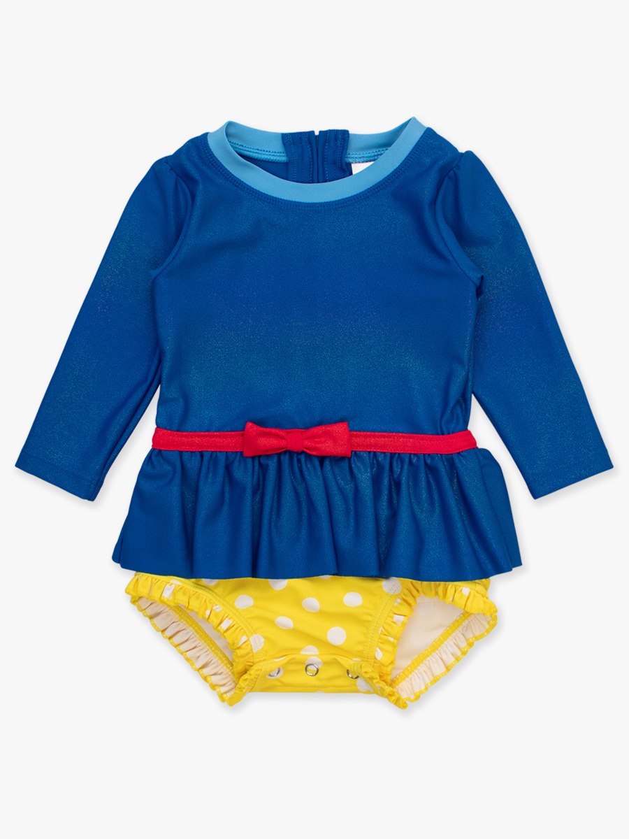 Royal Blue and Yellow Princess Long Sleeve Bow Skirted One Piece Swimsuit