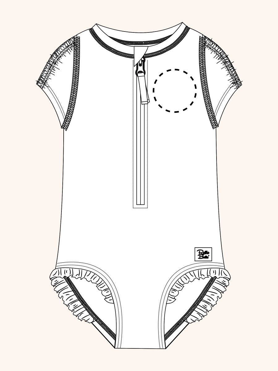 Line drawing of Flamingo Frenzy Girls Short Sleeve One Piece Rash Guard. A dotted circle indicates the approximate location for personalization.