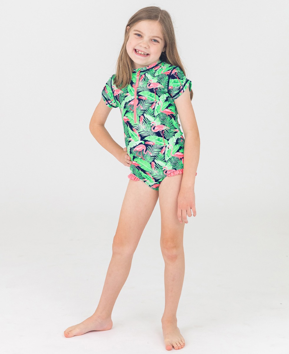 Flamingo Frenzy Girls Short Sleeve One Piece Rash Guard