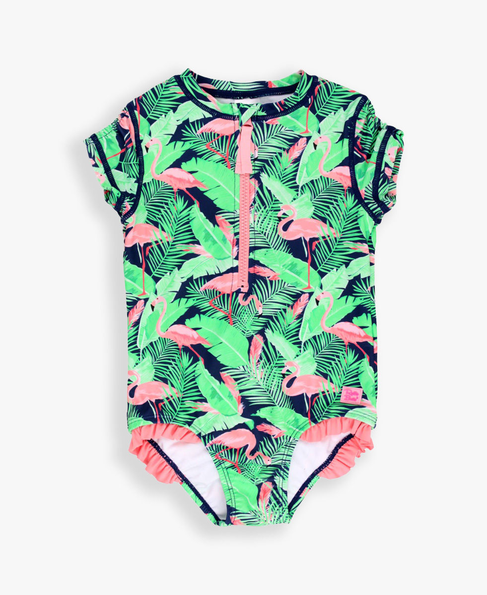 Flamingo Frenzy Girls Short Sleeve One Piece Rash Guard