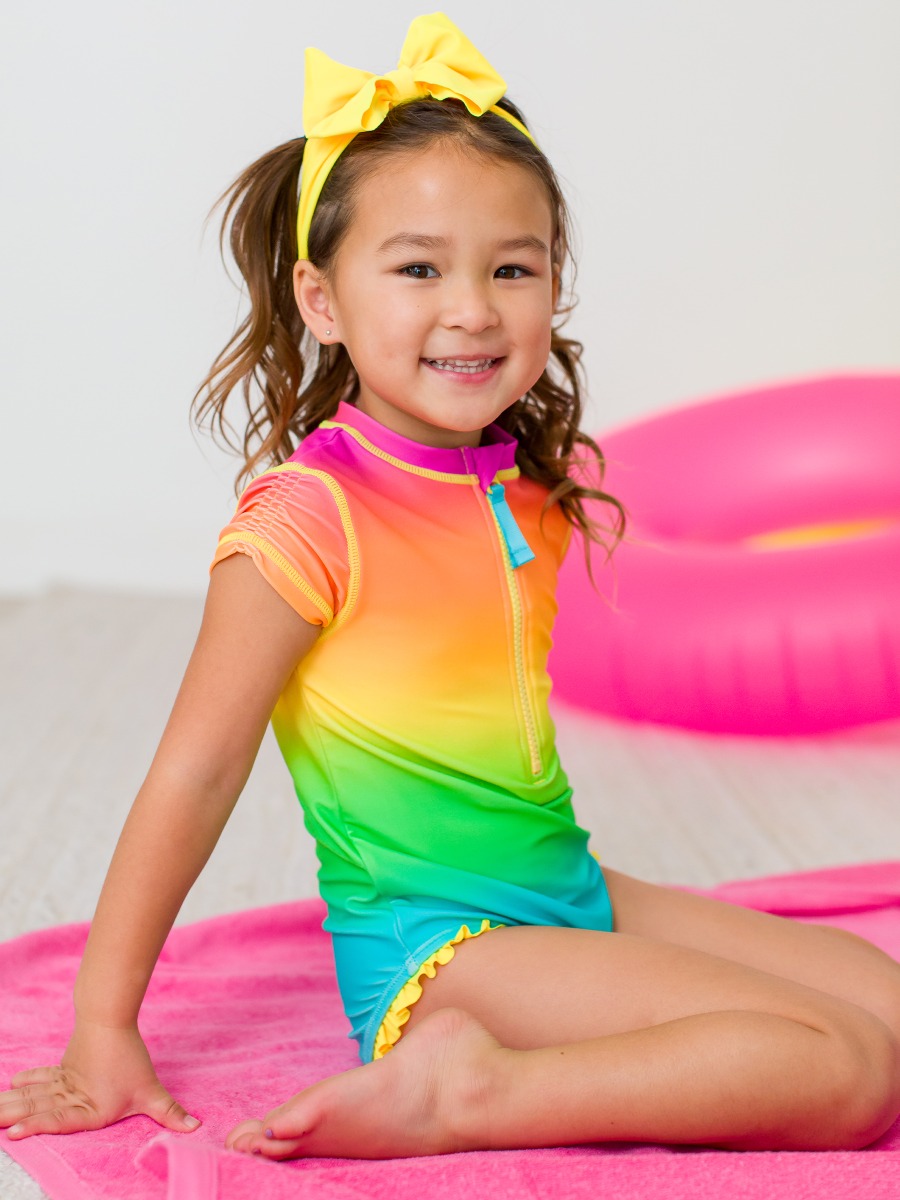 Neon Sunset Girls Short Sleeve One Piece Rash Guard