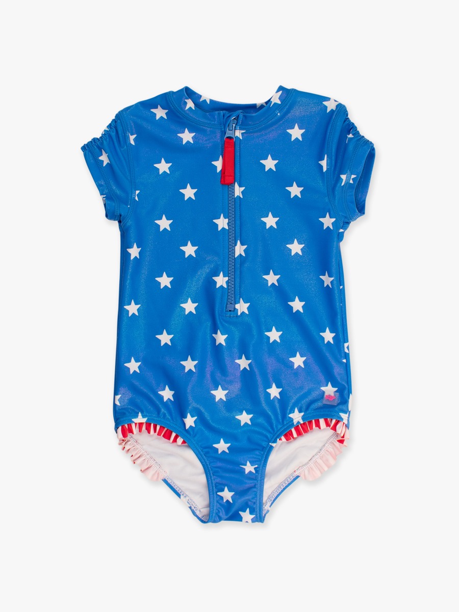 Shimmer Stars & Stripes Girls Short Sleeve One Piece Rash Guard Swimsuit