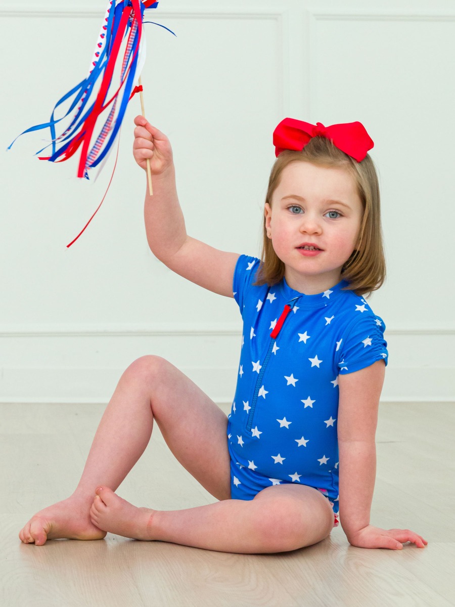Shimmer Stars & Stripes Girls Short Sleeve One Piece Rash Guard Swimsuit