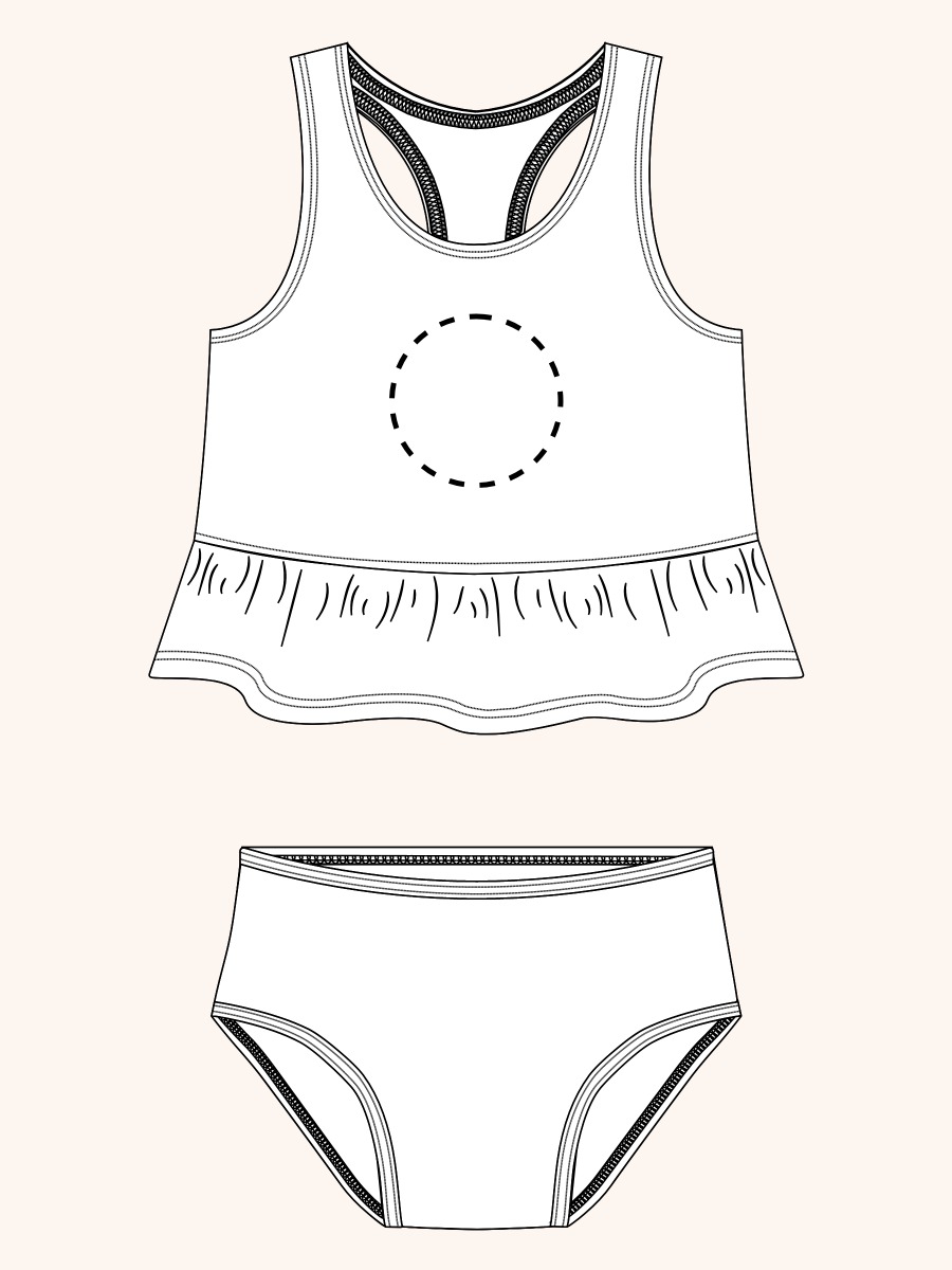 Line drawing of Dress Up Peppa Pig Peplum Tankini 2-Piece Swimsuit, with Signature Rear Ruffles. A dotted circle indicates the approximate location for personalization.
