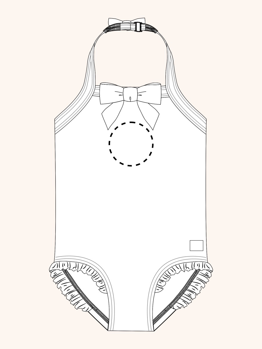 Line drawing of a swimsuit. A dotted circle is placed on the front center of the swimsuit's chest area, indicating the approximate location for personalization.