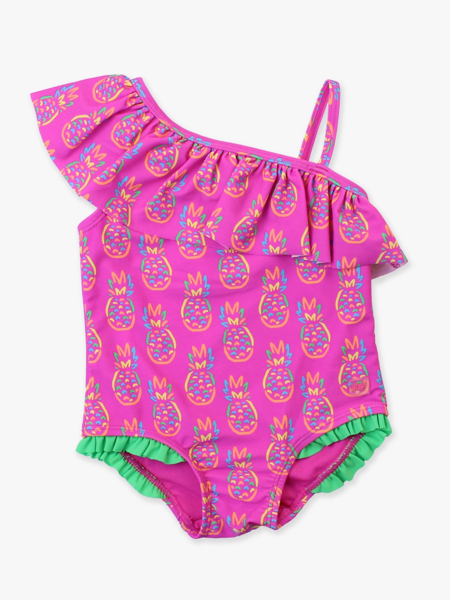 Neon Violet Pineapples One Shoulder Ruffle One Piece