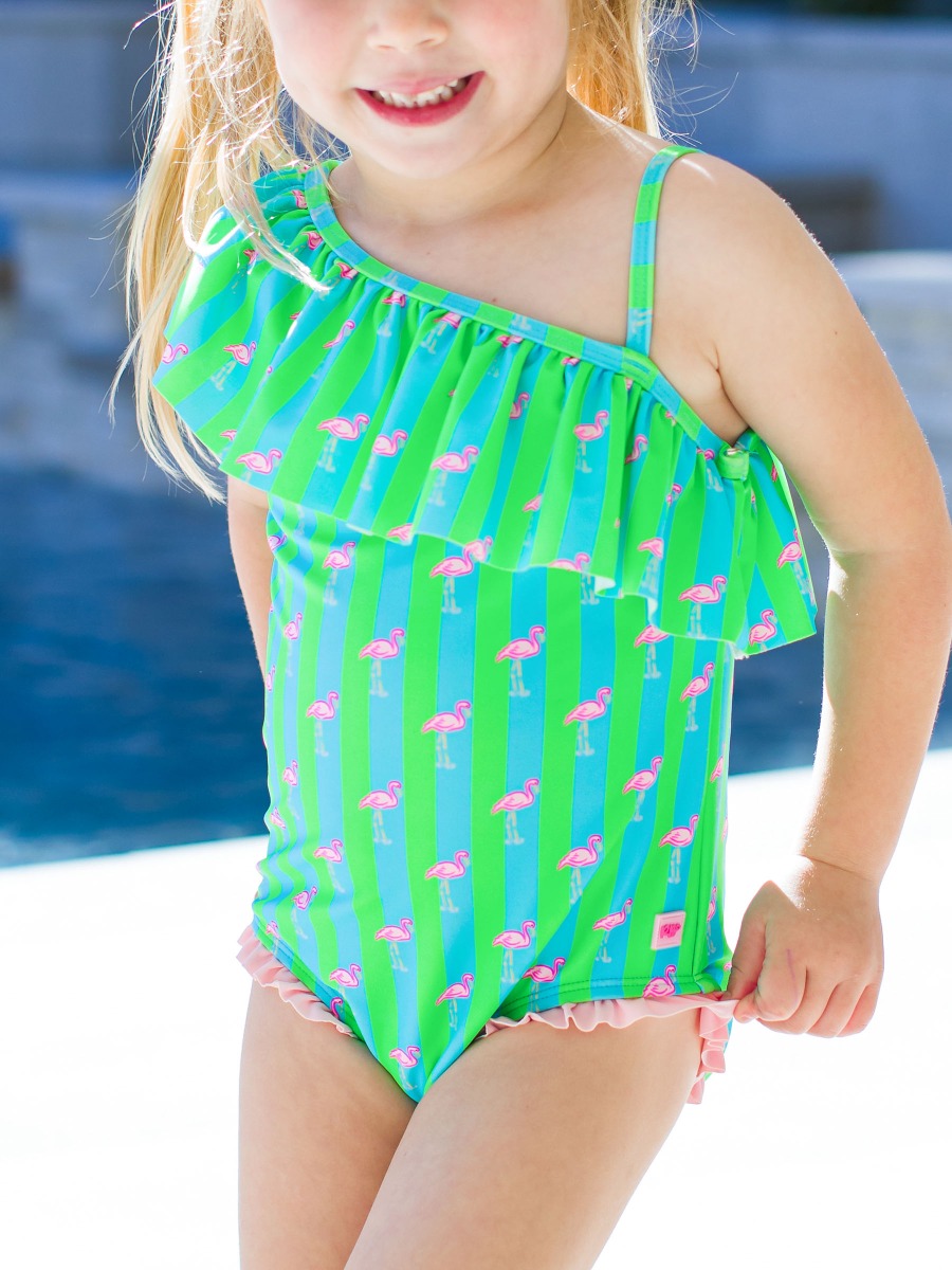 Neon Flamingo Stripe One Shoulder Ruffle One Piece