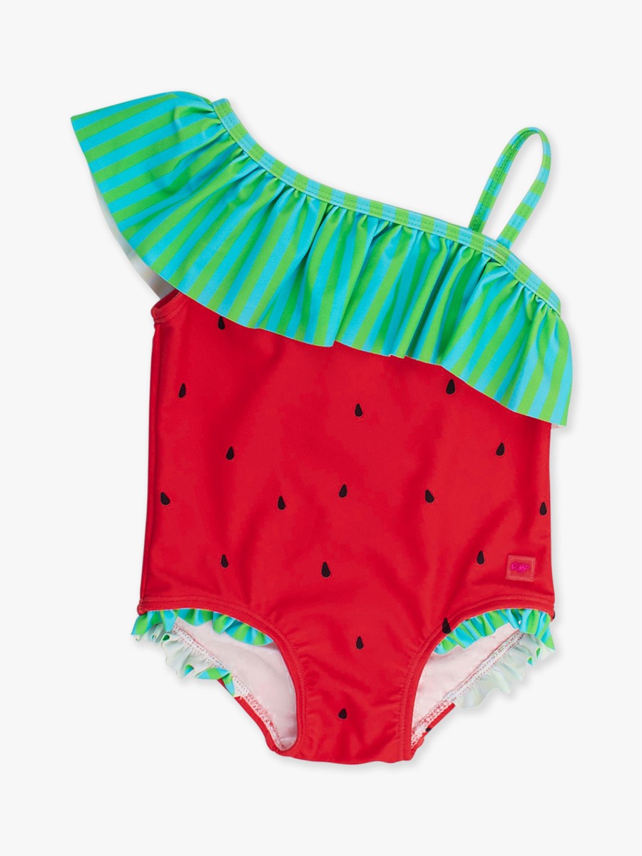 Line drawing of Watermelon One Shoulder Ruffle One Piece Swimsuit. A dotted circle indicates the approximate location for personalization.