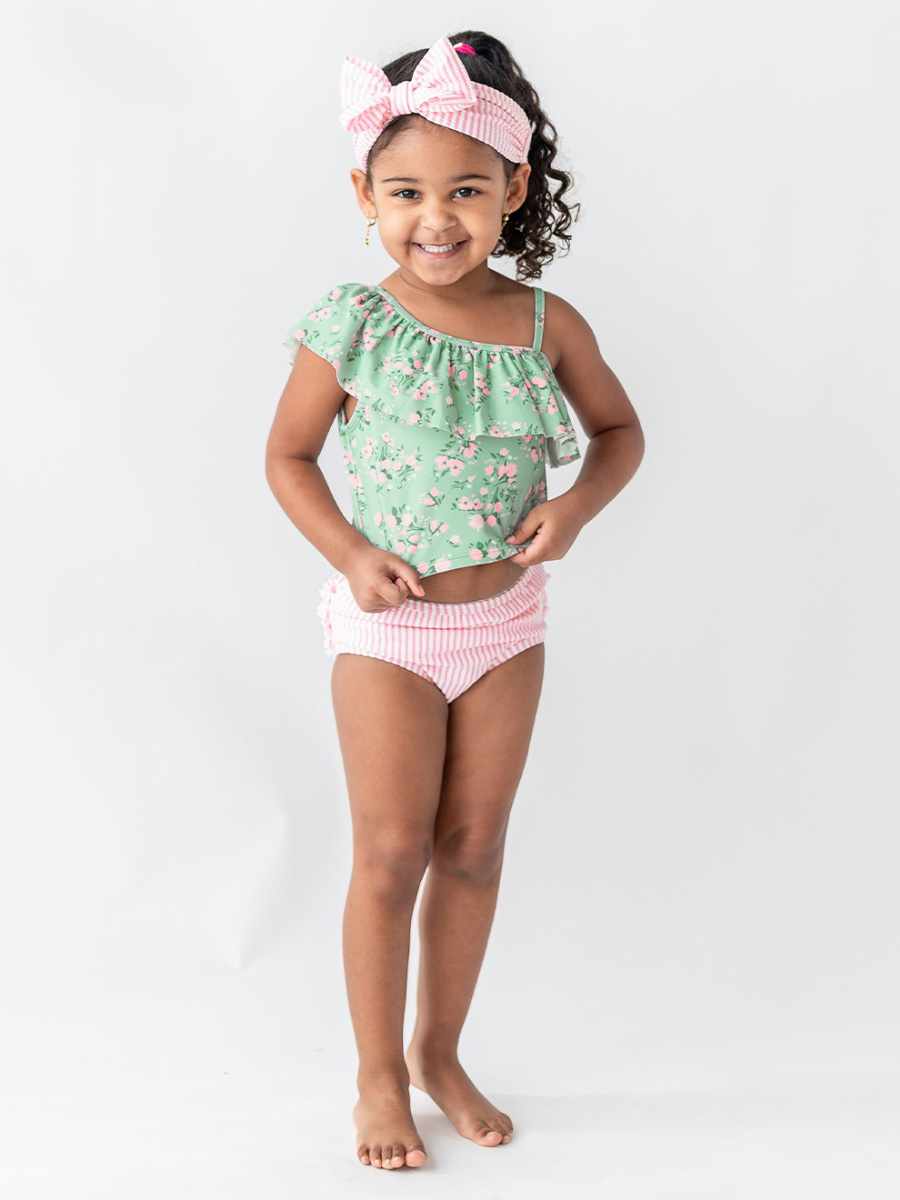 Tea Roses One Shoulder Ruffle Tankini