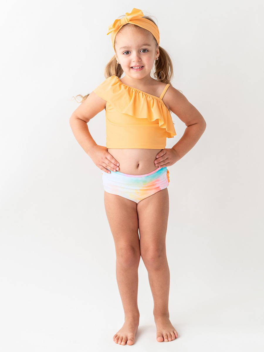 Rainbow Watercolor One Shoulder Ruffle Tankini