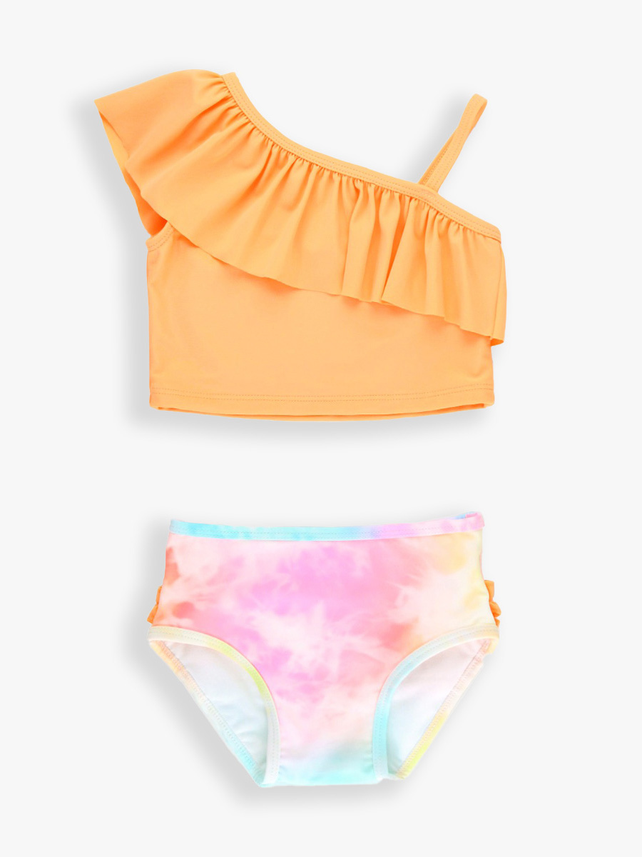 Rainbow Watercolor One Shoulder Ruffle Tankini