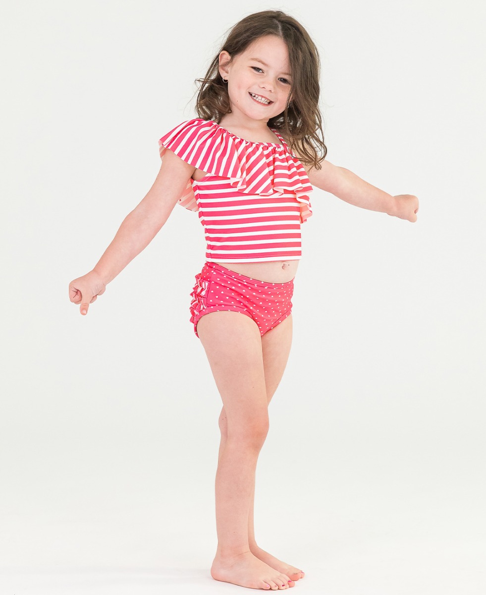 Hot Pink Heart One Shoulder Ruffle Tankini