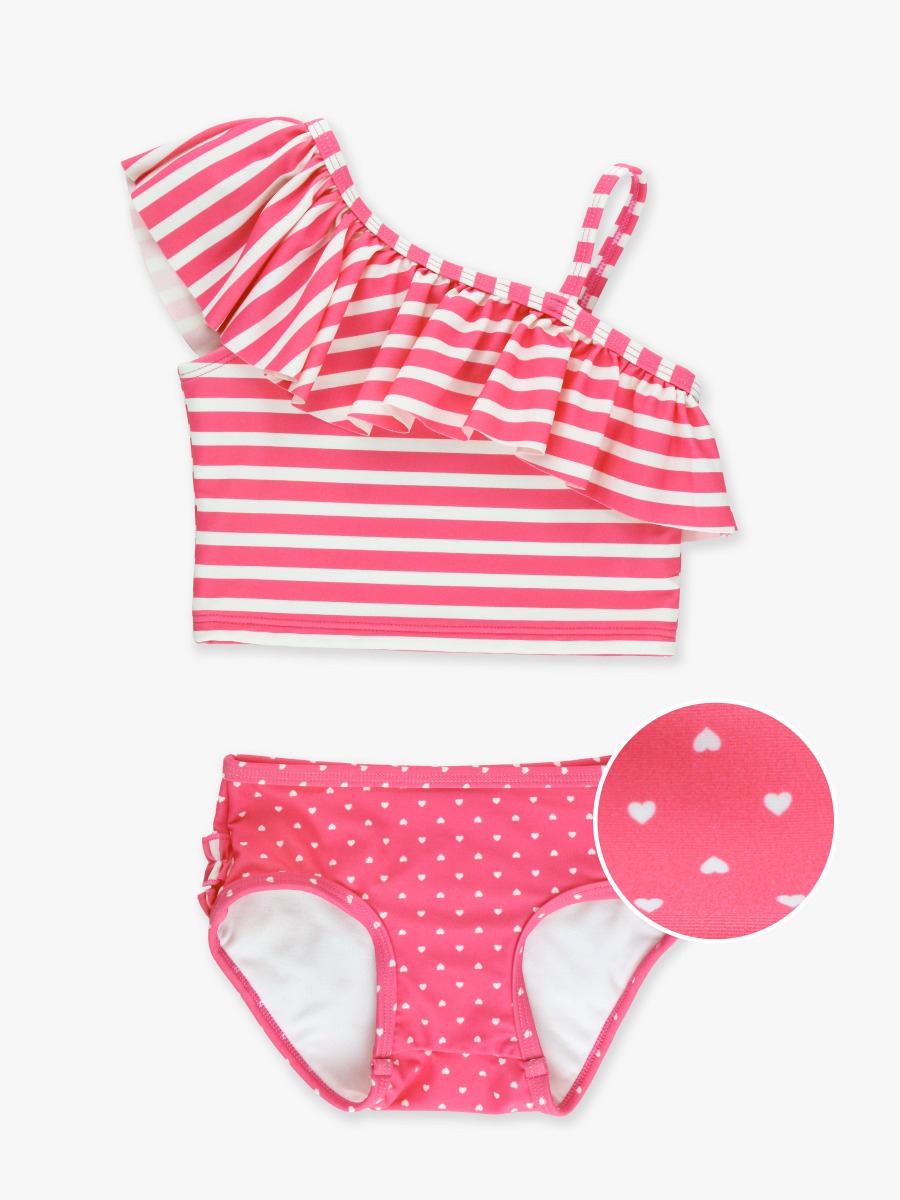 Hot Pink Heart One Shoulder Ruffle Tankini