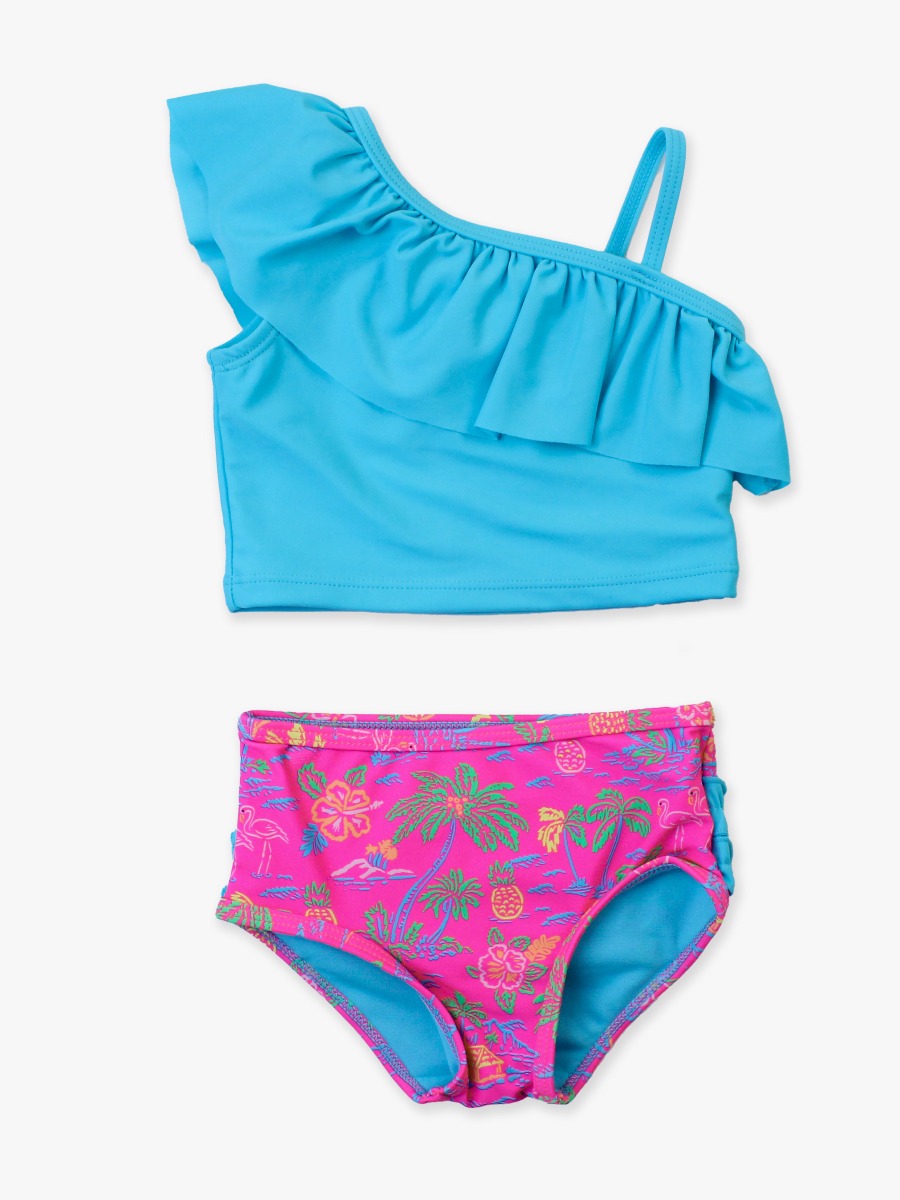 Neon Island Time One Shoulder Ruffle Tankini 2-Piece Swimsuit, with Signature Rear Ruffles -  3-6m