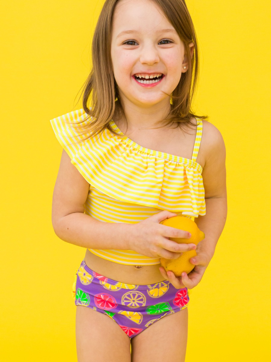 Neon Purple Citrus One Shoulder Ruffle Tankini