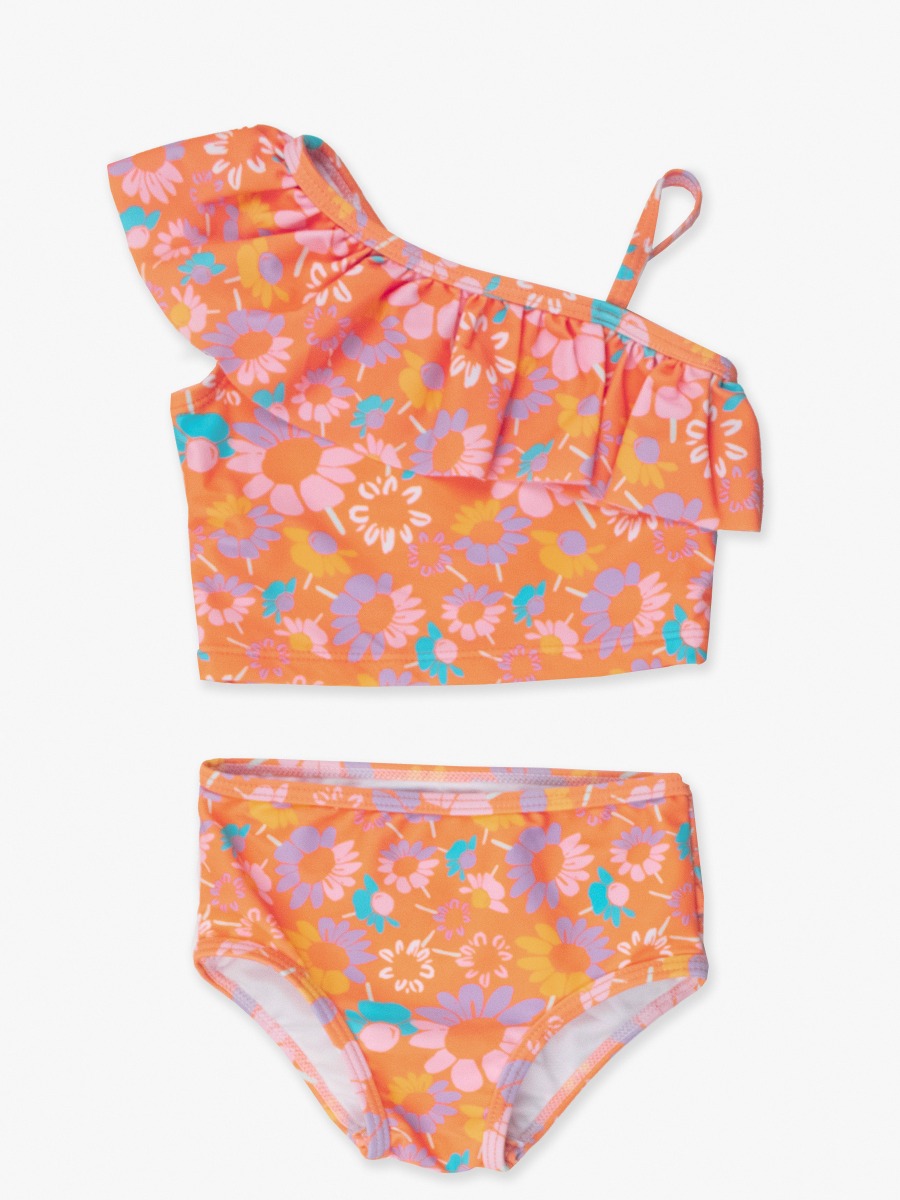 Coral Floral One Shoulder Ruffle Tankini