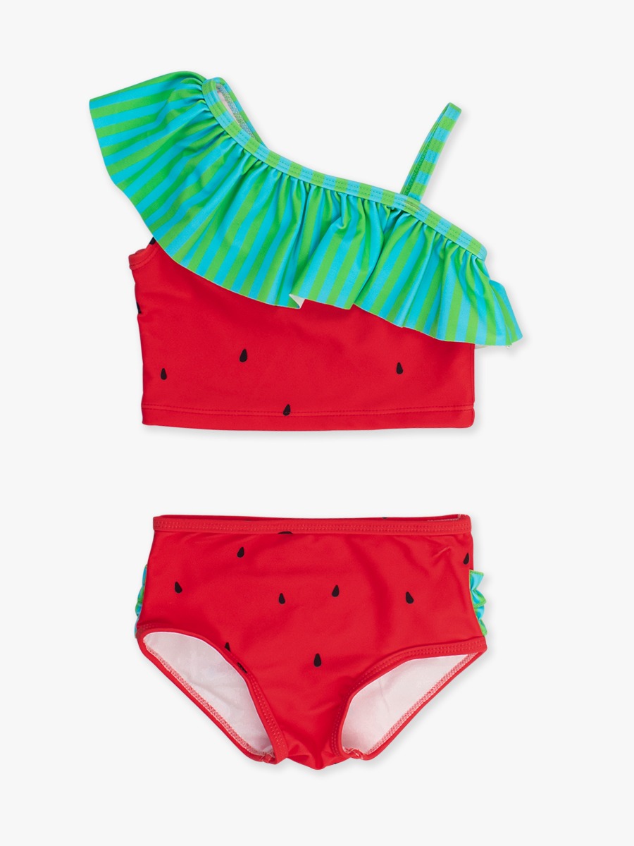 Line drawing of Watermelon One Shoulder Ruffle Tankini Swimsuit. A dotted circle indicates the approximate location for personalization.
