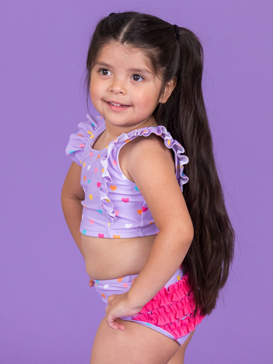 Lavender Colorful Hearts Waterfall Tankini 2-Piece Swimsuit, with Signature Rear Ruffles