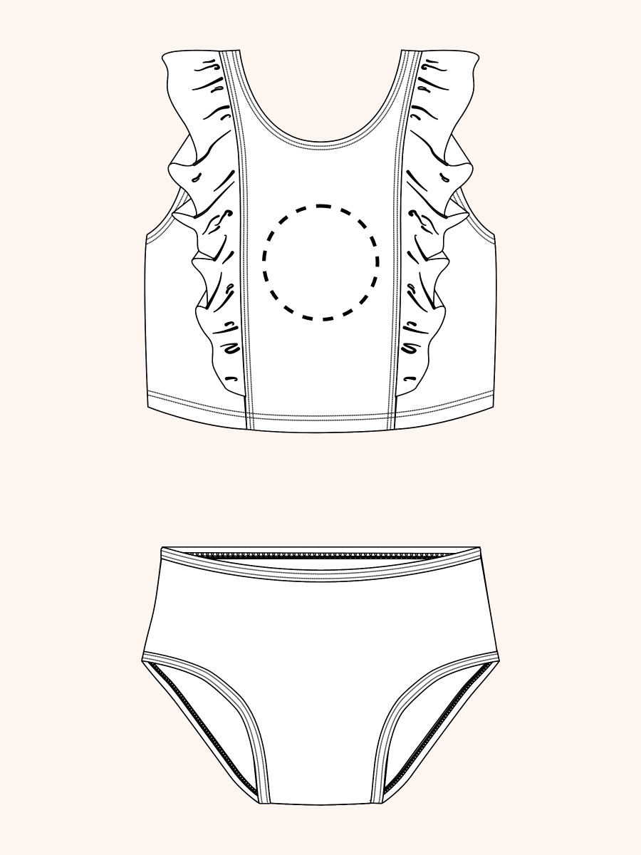 Line drawing of Whale Harbor Waterfall Tankini 2-Piece Swimsuit, with Signature Rear Ruffles. A dotted circle indicates the approximate location for personalization.