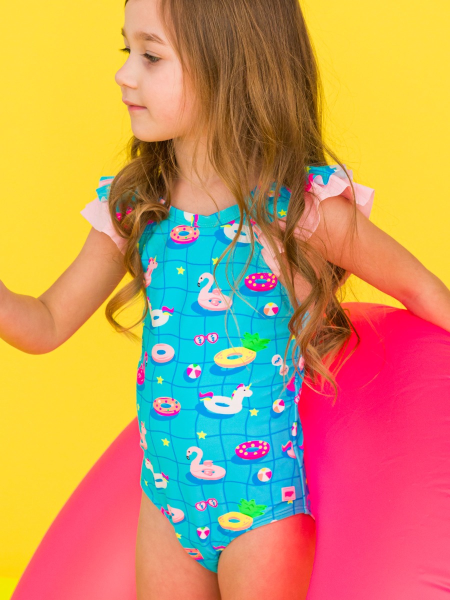 Neon Pool Party Ruffle V-Back One Piece